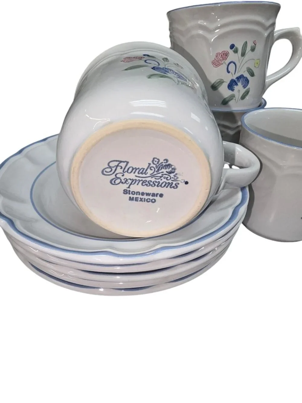 Floral Expressions Stoneware Cups & Saucers Coffee Mug Plates Set Floral Mexico